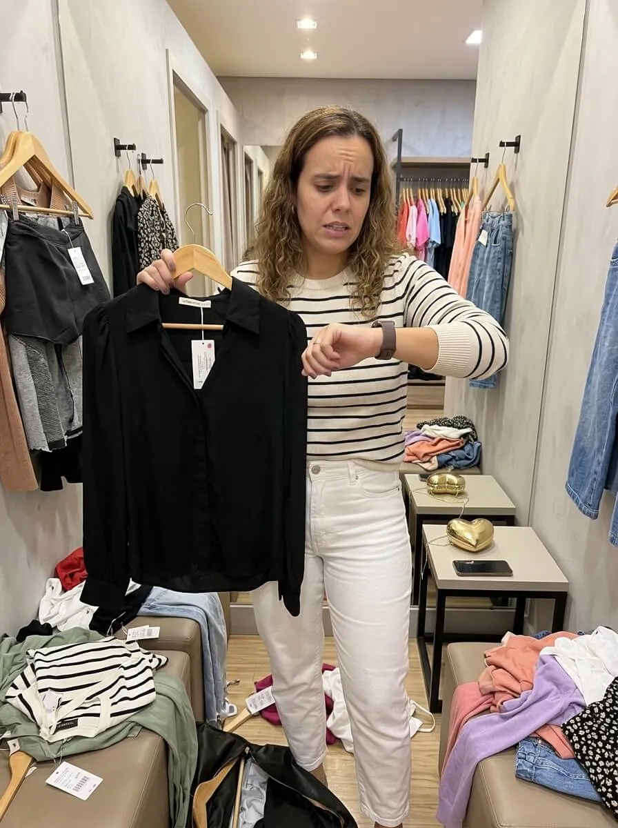 Lojista com roupas na mão olhando o relógio