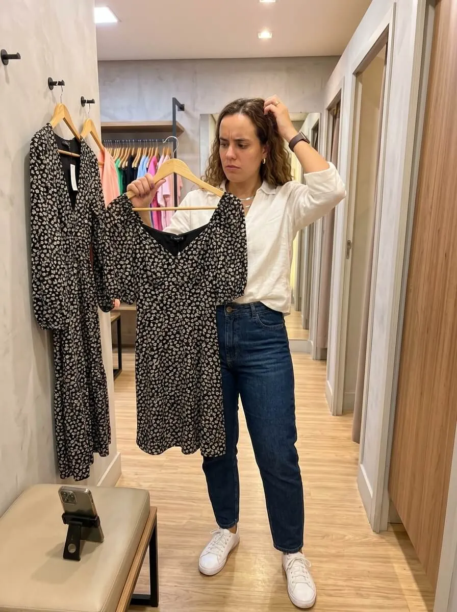 Lojista com vestido na mão em dúvida sobre o que gravar
