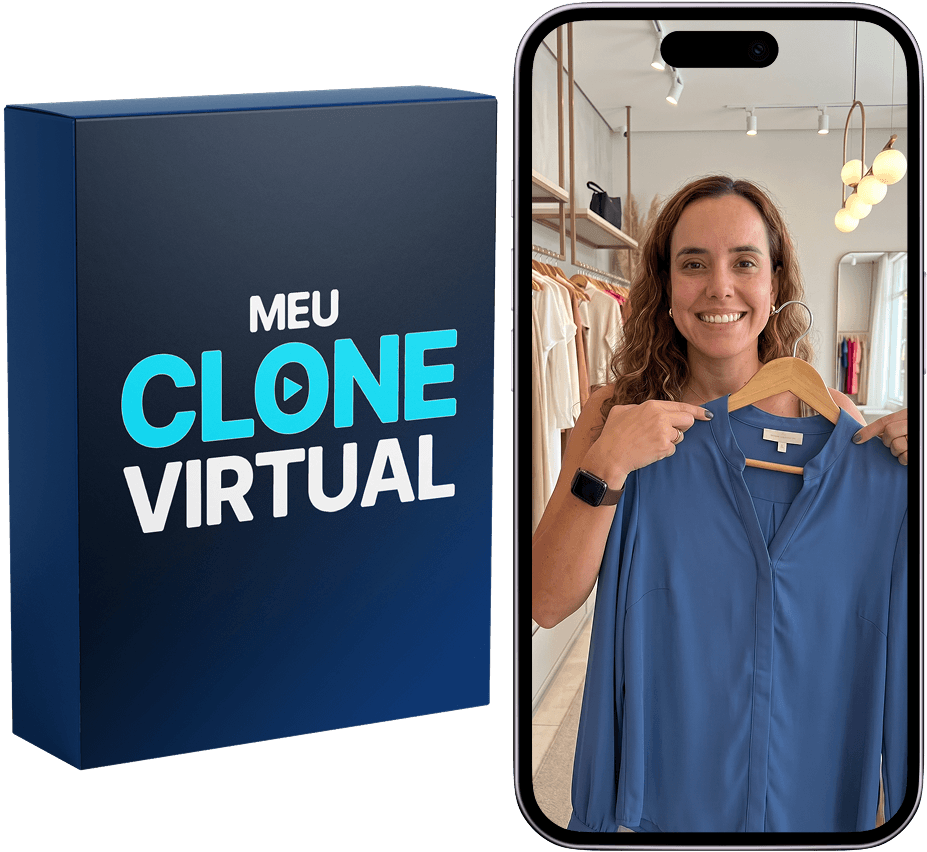 Meu Clone Virtual com produto e mockup de celular